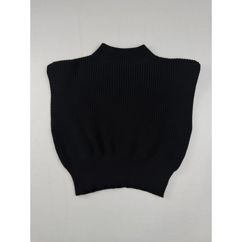 Cider Black Ribbed Knit Mock Neck Padded Shoulder Sweater Vest Top Large